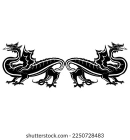 Symmetrical design with two fantastic winged dragons. Black and white silhouette. Isolated vector illustration.