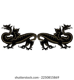 Symmetrical design with two fantastic winged dragons. Monochrome black and gold silhouette on white background. Isolated vector illustration.