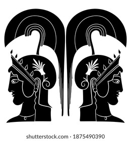 Symmetrical design with two female heads in helmets. Ancient Greek goddess Athena Pallas. Black and white silhouette. 