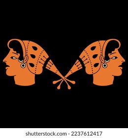 Symmetrical design with two female heads in hats or caps. Ancient Greek vase painting style. On black background.