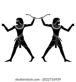 Symmetrical design with two fighting ancient Egyptian men or pharaohs holding snake wands. Black and white negative silhouette. Isolated vector illustration.