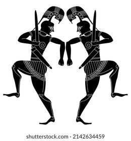 Symmetrisches Design mit zwei kämpfenden alten griechischen Kriegern. Schwarz-Weiß-Silhouette. Ethnischer Stil.