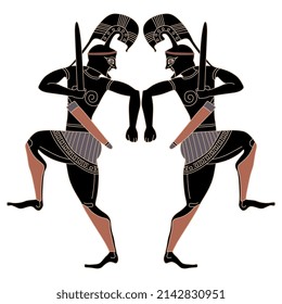 Symmetrisches Design mit zwei kämpfenden alten griechischen Kriegern. Ethnischer Stil.