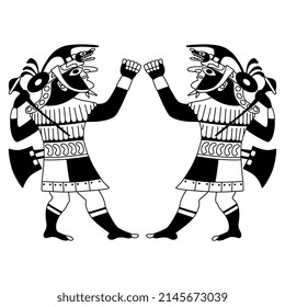 Symmetrical design with two fighting ancient Peruvian warriors. Native American art of Mochica or Moche Indians. Black and white silhouette.