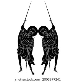 Symmetrical design with two fighting medieval saint warriors holding swords. Orthodox Christian male characters. Black and white negative silhouette.
