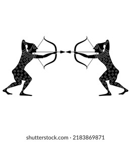 Symmetrical design with two fighting Scythian archers with bows and arrows. Ethnic ancient Greek vase painting design. Black and white silhouette.