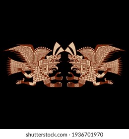 Symmetrical design with two flying anthropomorphic birds. Ancient Peruvian Native American art of Mochica or Moche Indians. Ethnic tribal folk style.