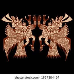Diseño simétrico con dos aves antropomórficas voladoras. Arte indígena peruano antiguo de Mochica o indígena moche. Estilo étnico tribal popular.