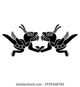 Diseño simétrico con dos langostas monstruosas voladoras. Arte nativo americano de indios aztecas. Diseño mitológico precolombino animal a partir del códice mexicano. Silueta blanca y negra.