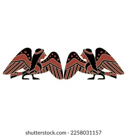 Symmetrical design with two funny ancient Greek Siren or Harpy. Half bird half woman. Fantastic mythological animal. Ethnic folk vase painting style.  