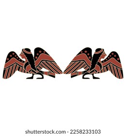 Symmetrical design with two funny ancient Greek Siren or Harpy. Half bird half woman. Fantastic mythological animal. Ethnic folk vase painting style. 