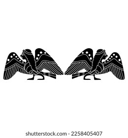 Symmetrical design with two funny ancient Greek Siren or Harpy. Half bird half woman. Fantastic mythological animal. Ethnic folk style. Vase painting motif. Black and white silhouette.