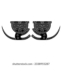 Symmetrical design with two funny tabby kittens or cats with striped tails. Native American animal motif from ancient Paracas, Peru. Black and white negative silhouette.