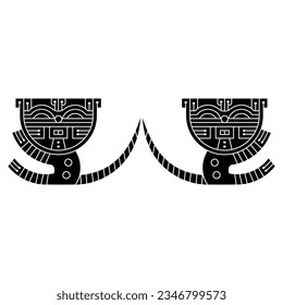 Symmetrical design with two funny tabby kittens or cats with striped tails. Native American animal motif from ancient Paracas, Peru. Black and white negative silhouette.