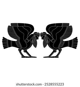 Symmetrical design with two funny winged bird men. Ancient Greek male siren or harpy. Fantastic mythological creature. Vase painting style. Black and white silhouette.