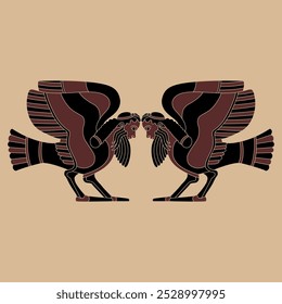 Symmetrical design with two funny winged bird men. Ancient Greek male siren or harpy. Fantastic mythological creature. Vase painting style. 