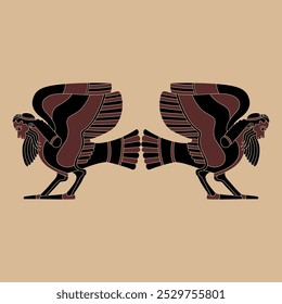 Symmetrical design with two funny winged bird men. Ancient Greek male siren or harpy. Fantastic mythological creature. Vase painting style. 