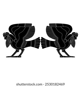 Symmetrical design with two funny winged bird men. Ancient Greek male siren or harpy. Fantastic mythological creature. Vase painting style. Black and white silhouette.