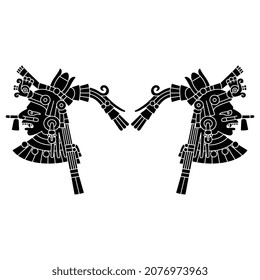 Diseño simétrico con dos cabezas de antiguo dios o diosa azteca mexicana. Ilustración del códice. Arte nativo americano. Silueta negativa en blanco y negro.