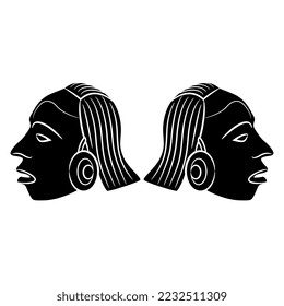Symmetrical design with two heads of ancient Mayan men. Native American Indigenous Indian art. Black and white silhouette. Isolated vector illustration.