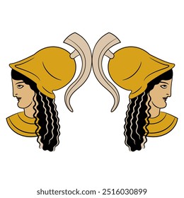 Symmetrical design with two heads of Ancient Greek warrior goddess Athena Pallas or Minerva wearing helmet. Amazon woman profiles. Isolated vector illustration.