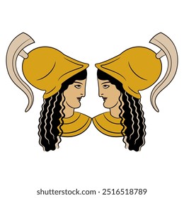 Symmetrical design with two heads of Ancient Greek warrior goddess Athena Pallas or Minerva wearing helmet. Amazon woman profiles. Isolated vector illustration.