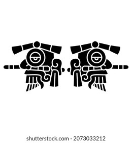 Diseño simétrico con dos cabezas de dios azteca de la lluvia Tlaloc. Estilo del códice mexicano antiguo. Mitología indígena india nativa. Silueta negativa en blanco y negro.