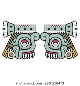 Symmetrical design with two heads of Aztec god of rain Tlaloc. Native American design from Mexican codex. Isolated vector illustration.