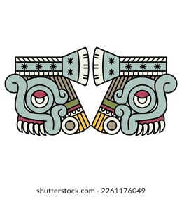 Symmetrical design with two heads of Aztec god of rain Tlaloc. Native American design from Mexican codex. Isolated vector illustration.