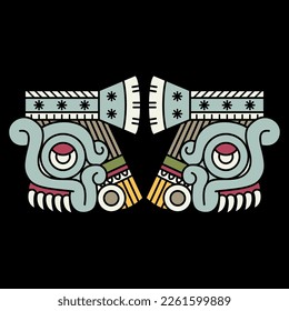 Symmetrical design with two heads of Aztec god of rain Tlaloc. Native American design from Mexican codex. On black background.