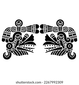 Symmetrical design with two heads of Aztec god of wind Ehecatl. Mexican codex design. Native American mythology. Black and white silhouette.