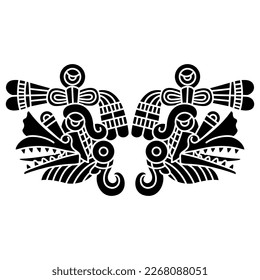 Symmetrical design with two heads of Aztec god of wind Ehecatl. Mexican codex design. Native American mythology. Black and white silhouette.