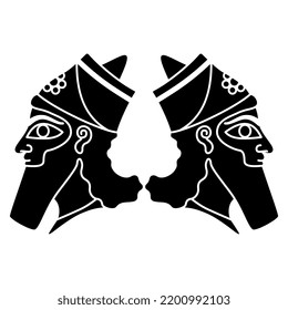 Symmetrical design with two heads of a bearded Assyrian man. Black and white silhouette.