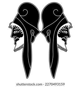 Symmetrical design with two heads of bearded ancient Greek men wearing helmets. Black and white negative silhouette.