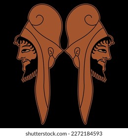 Diseño simétrico con dos cabezas de antiguos hombres griegos barbudos usando cascos. Estilo de pintura de malla. Sobre fondo negro.