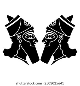 Symmetrical design with two heads of a bearded Assyrian man. Black and white silhouette.