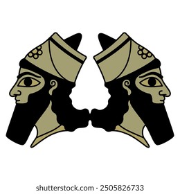 Symmetrical design with two heads of a bearded Assyrian man. Monochrome silhouette.