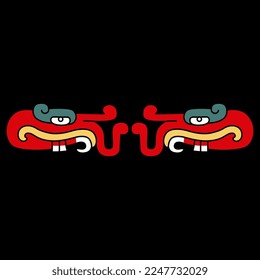 Symmetrical design with two heads of fantastic dragon monster with teeth and tentacles. Native American animal design of Aztec Indians from Mexican codex. On black background.