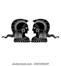 Symmetrical design with two heads of goddess Athena or Minerva wearing helmet in profile. Ethnic Ancient Greek vase painting style. Black and white silhouette.