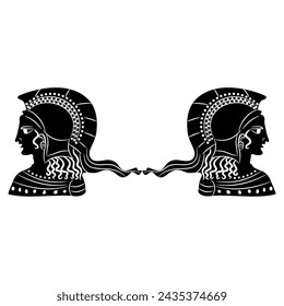 Symmetrical design with two heads of goddess Athena or Minerva wearing helmet in profile. Ethnic Ancient Greek vase painting style. Black and white silhouette.