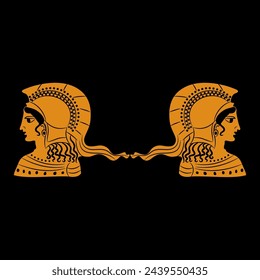 Symmetrical design with two heads of goddess Athena or Minerva wearing helmet in profile. Ethnic Ancient Greek vase painting style.