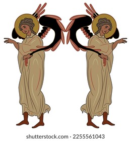 Symmetrical design with two holy angels holding wings with pointing gestures. Isolated vector illustration.