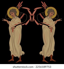 Symmetrical design with two holy angels holding wings with pointing gestures. On black background.