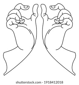 Symmetrisches Design mit zwei menschlichen Händen in der pingenden Geste. orientalisch-asiatischer Stil. Schwarz-Weiß-Silhouette.