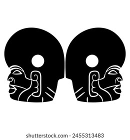 Symmetrical design with two human heads. Warrior man or ball player wearing helmet. Indigenous ethnic design of Maya Indians from Guatemala. Native American art. Black and white silhouette.