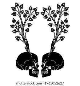 Symmetrical design with two human skulls with tree branches sprouting from them. Black and white silhouette. Creative concept.