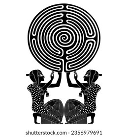 Symmetrical design with two kneeling ancient Egyptian men holding a round spiral maze or labyrinth symbol. Creative esoteric concept. Mystery of antique culture. Black and white silhouette.