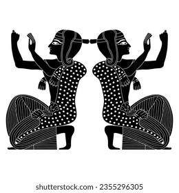 Symmetrical design with two kneeling praying ancient Egyptian men. Ethnic design. Black and white negative silhouette.