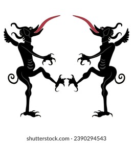 Symmetrical design with two medieval devils with their tongues sticking out. Isolated vector illustration.