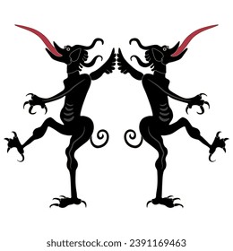 Symmetrical design with two medieval devils or demons with their tongues sticking out. Isolated vector illustration.